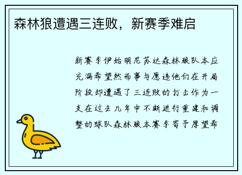 森林狼遭遇三连败，新赛季难启